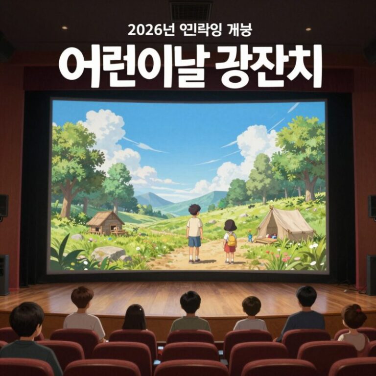 2026년 어린이날 개봉 예정인 세 편의 애니메이션 포스터와 부산 영화의전당 어린이날 큰잔치 풍경을 합성한 이미지