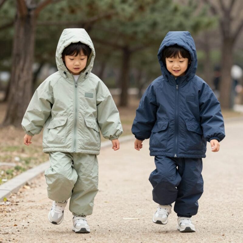 아동 바람막이 상하복 세트를 입고 공원에서 뛰노는 남매 아이들