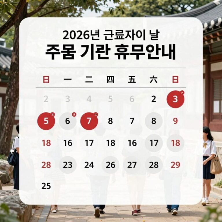 2026년 근로자의 날 주요 기관 휴무 안내 표와 달력 이미지