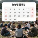 노동절 공휴일 달력 표시와 다양한 직업군의 사람들이 휴식을 취하는 모습