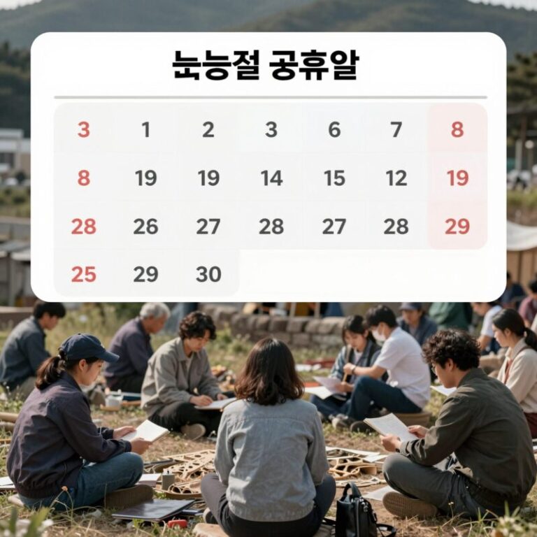 노동절 공휴일 달력 표시와 다양한 직업군의 사람들이 휴식을 취하는 모습