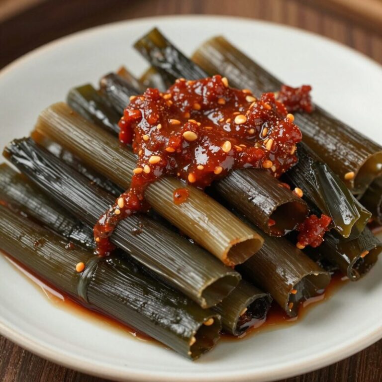 고추장 양념에 무친 가죽나물 무침이 접시에 담겨 있는 모습