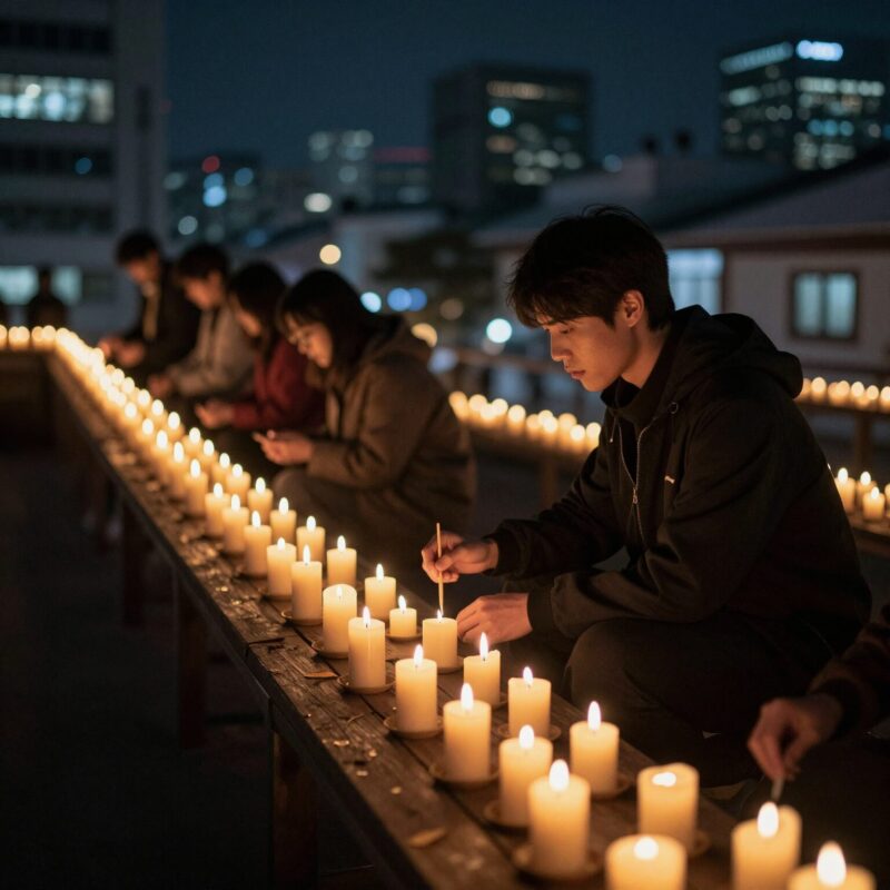 어두운 도시 야경과 켜진 촛불, 소등 행사의 상징적인 이미지
