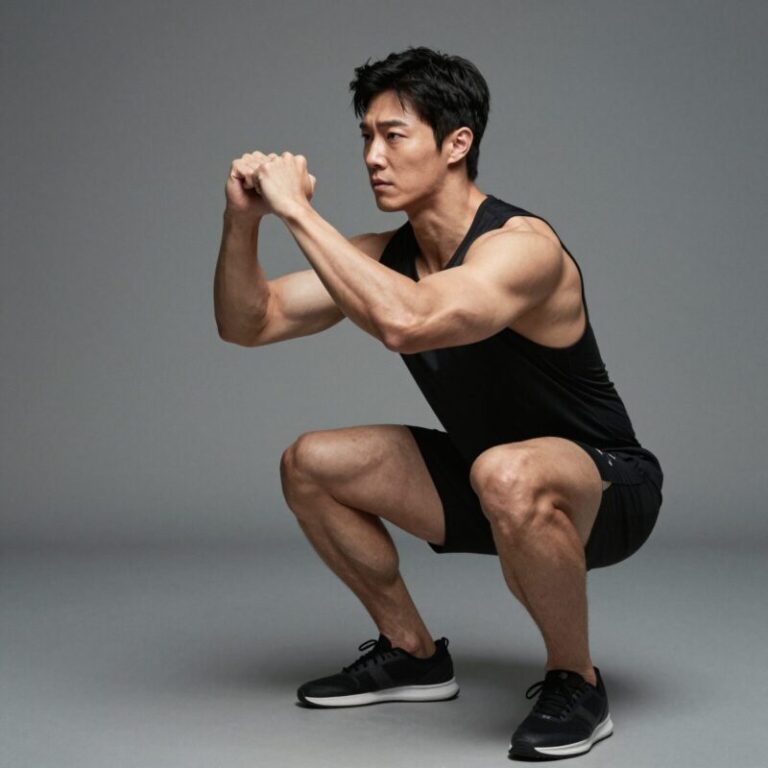 말왕이 스쿼트를 수행하는 모습, 압도적인 하체 근육을 보여주며 운동의 핵심을 강조