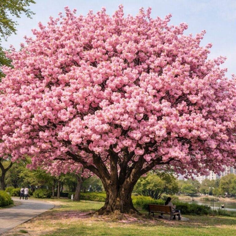 봄 공원에 핀 분홍색 만첩개벚 나무 전체 모습. 겹겹이 핀 꽃이 나무를 온통 분홍빛으로 물들였다.