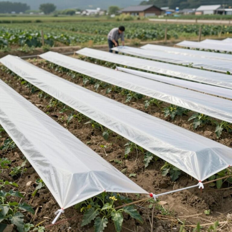 평평한 고추밭 두둑에서 수동 비닐피복기를 사용하여 비닐을 덮고 있는 모습