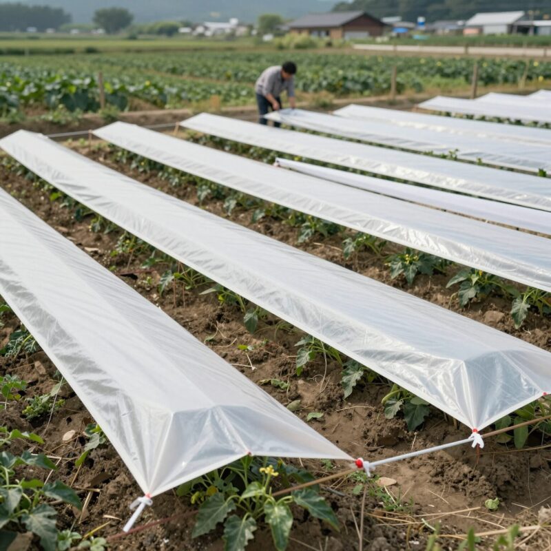 평평한 고추밭 두둑에서 수동 비닐피복기를 사용하여 비닐을 덮고 있는 모습