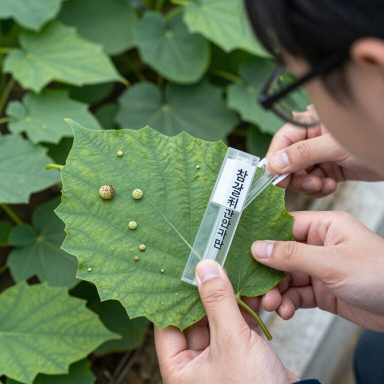 참외 잎에 식물병 진단키트를 사용하여 바이러스 검사를 하는 모습