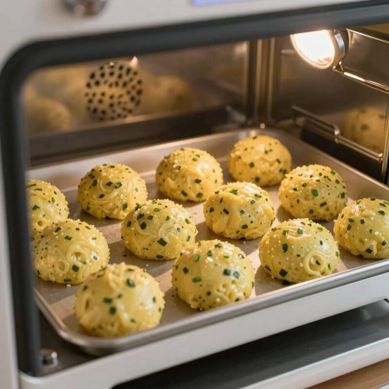 전자레인지에서 조리된 쑥 찹쌀 반죽을 뒤적이는 모습