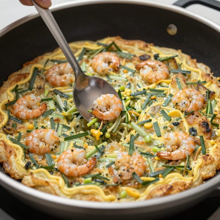 쑥과 건새우가 들어간 바삭한 부침개 반죽을 젓가락으로 살살 버무리는 모습