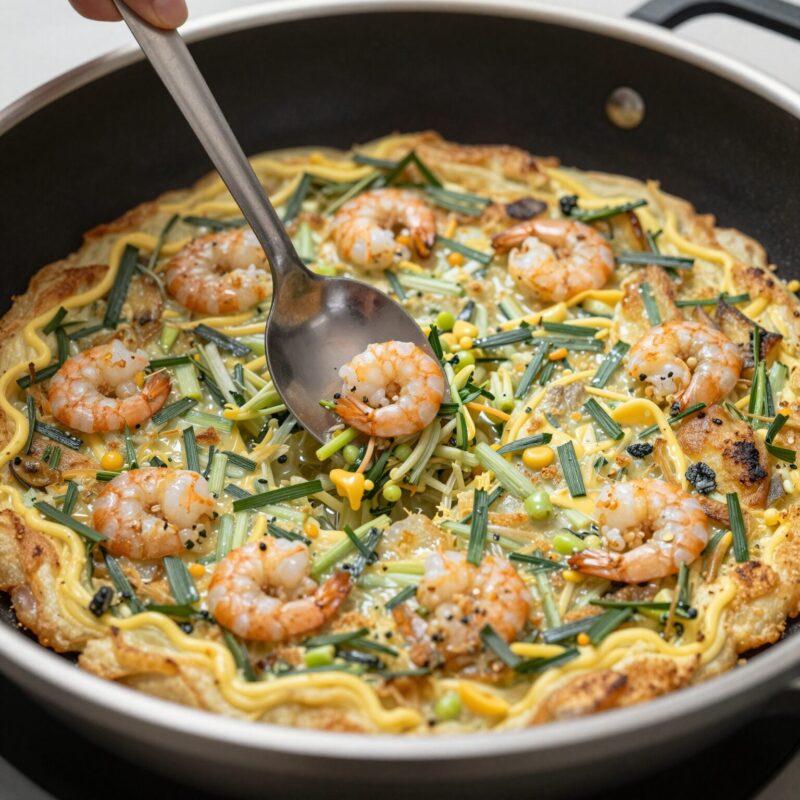 향긋한 봄맛 쑥부침개 바삭하게 만드는 법 1 쑥과 건새우가 들어간 바삭한 부침개 반죽을 젓가락으로 살살 버무리는 모습