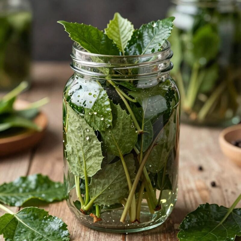 뽕잎순을 깨끗이 세척하고 데쳐서 유리병에 담근 장아찌 완성 사진