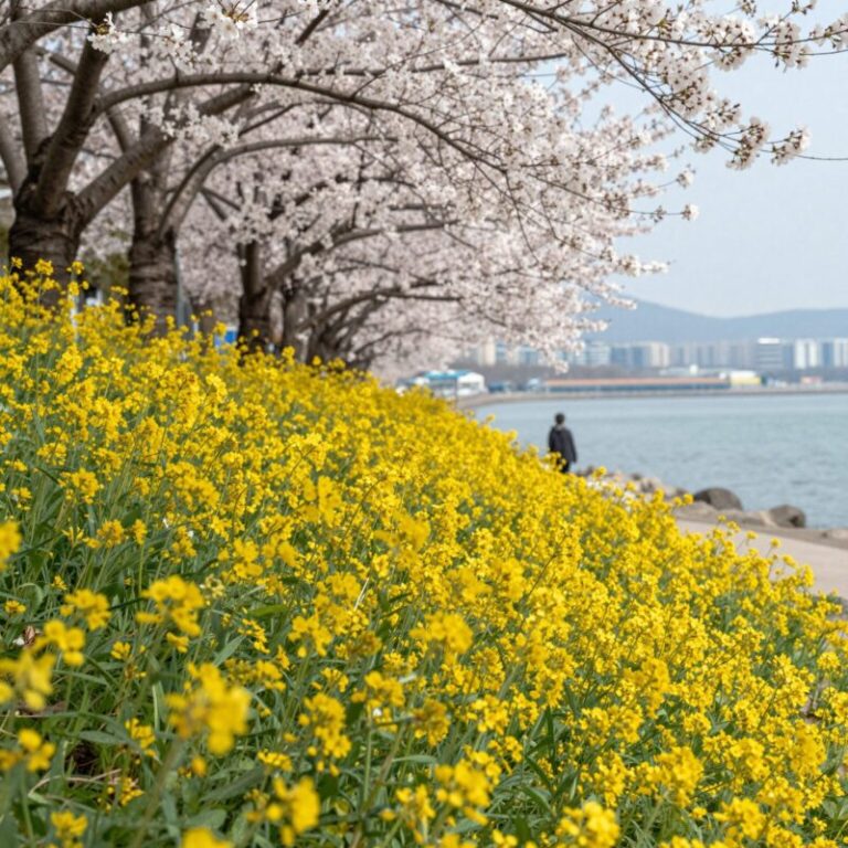 울산 태화강변의 노란 갓꽃과 벚꽃이 함께 피어난 봄 풍경