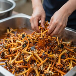 울릉도 명이나물 장아찌 담그는 과정, 명이나물을 차곡차곡 쌓고 간장물을 부어주는 모습