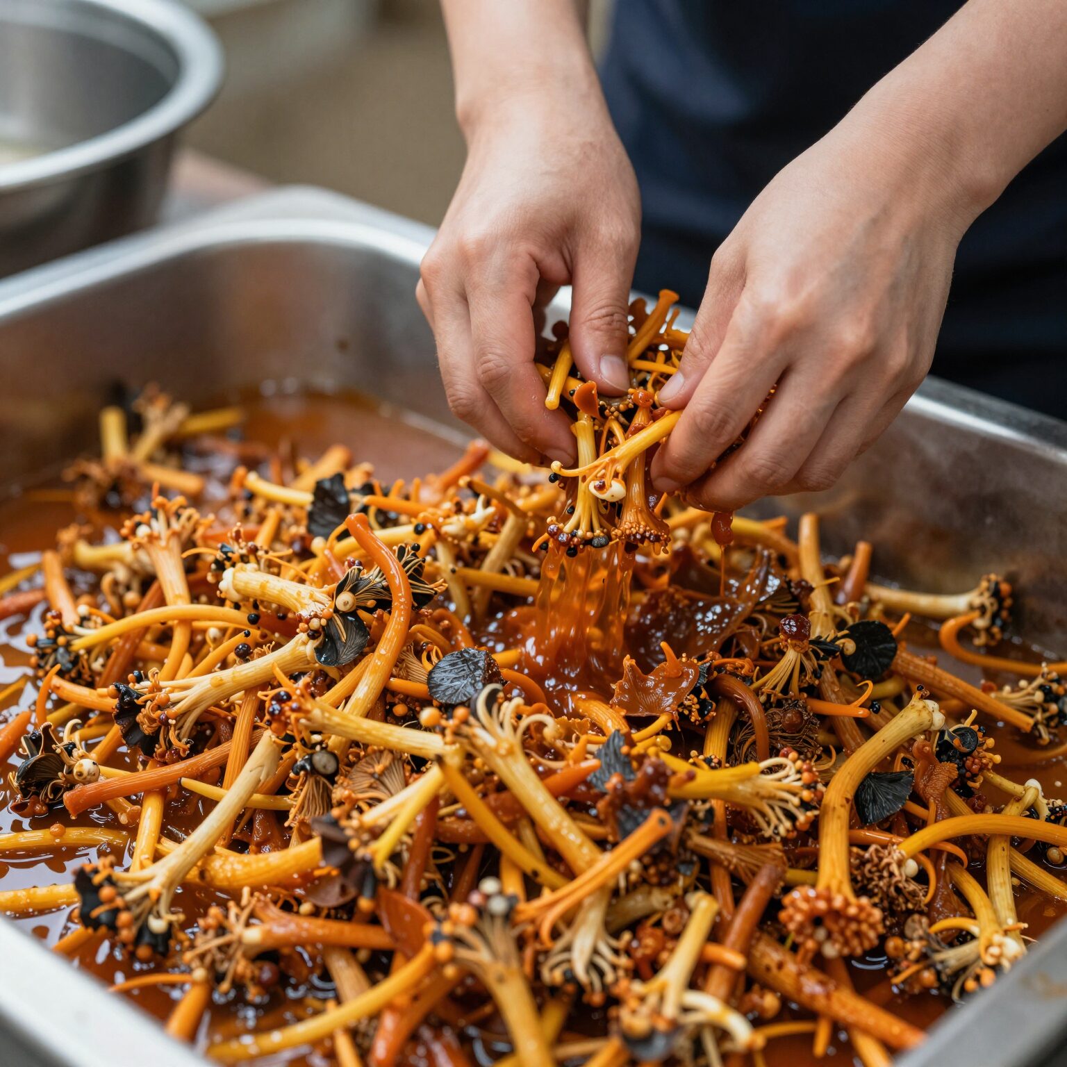 울릉도 명이나물 맛과 효능 그리고 활용법 1 울릉도 명이나물 장아찌 담그는 과정, 명이나물을 차곡차곡 쌓고 간장물을 부어주는 모습