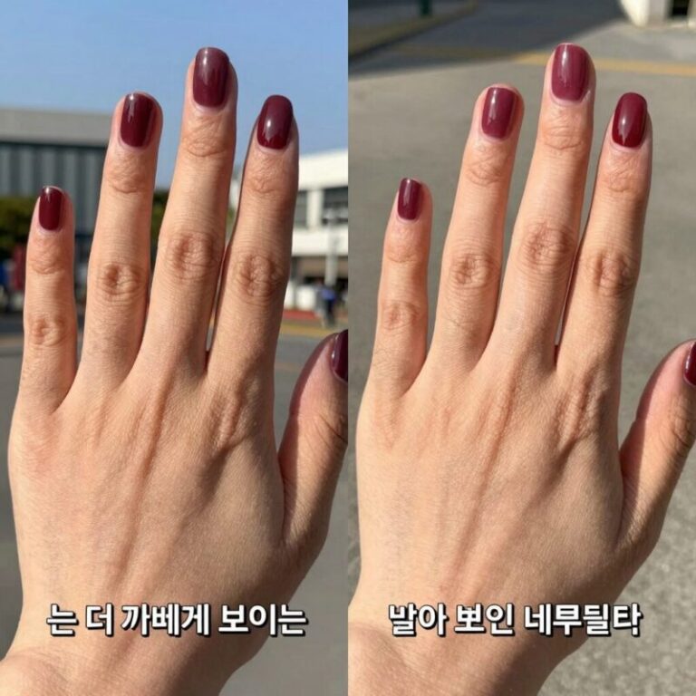 손 더 까맣게 보이는 네일컬러와 밝아 보이는 네일컬러 비교 이미지