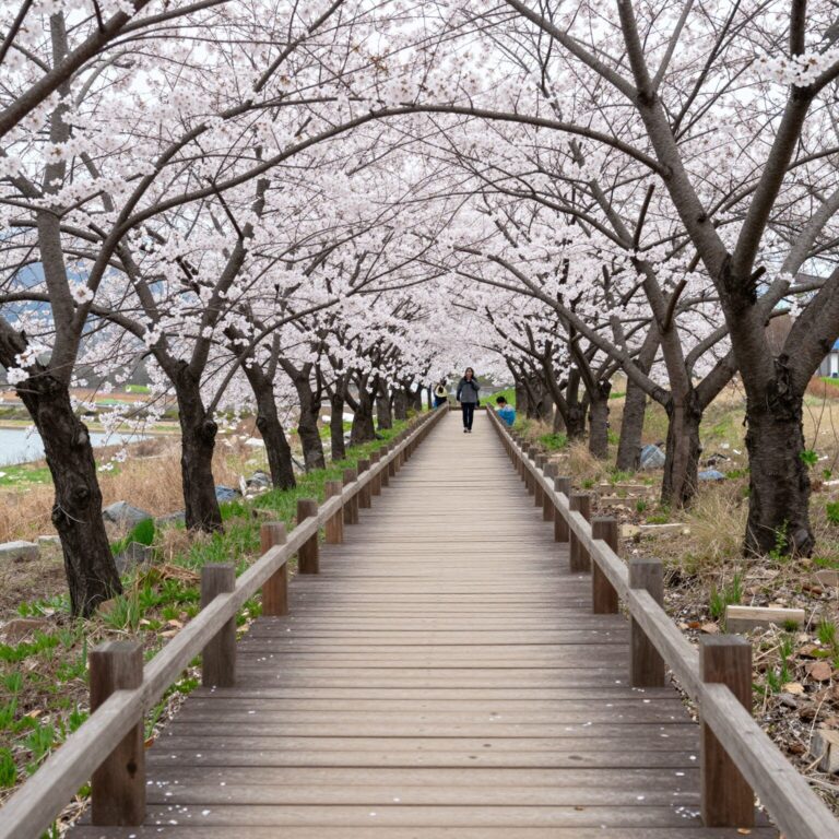 나주 영산강 유채꽃밭으로 이어지는 오솔길과 나무 다리
