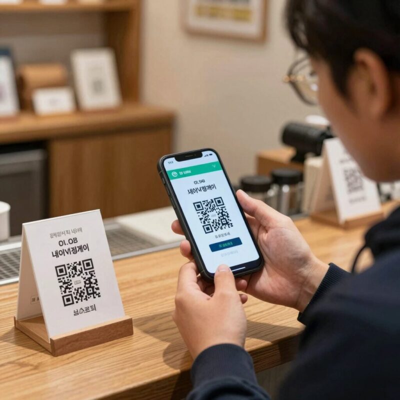 파리바게트 매장에서 스마트폰으로 네이버페이 QR 코드를 보여주며 결제하는 모습