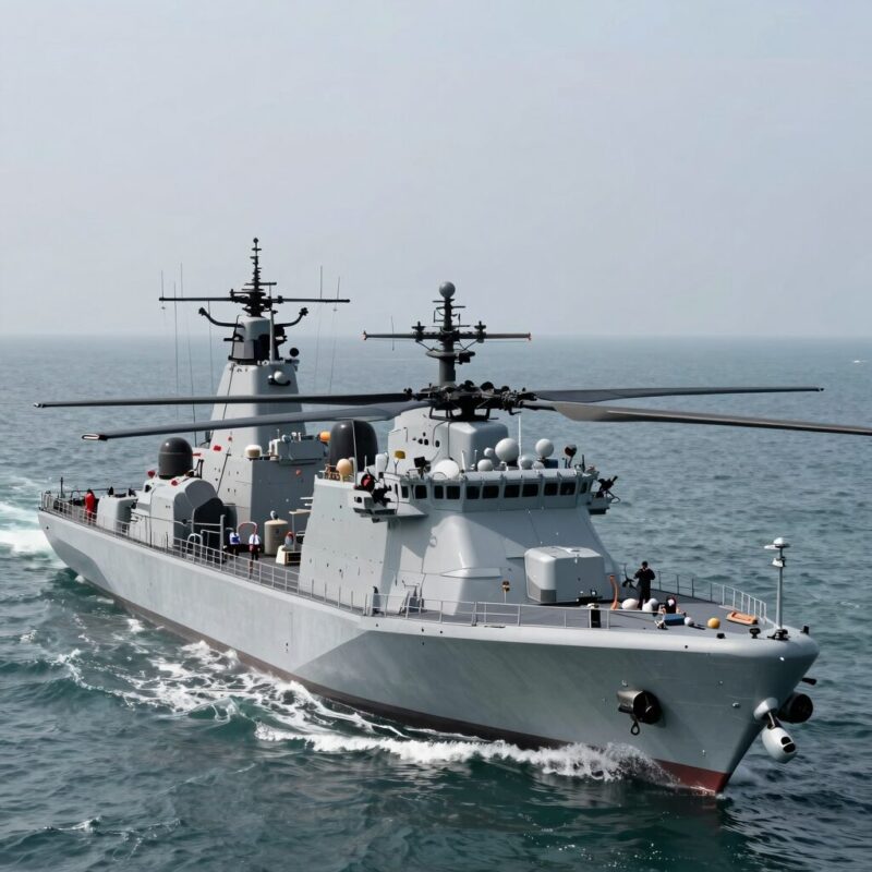 아라비아해에서 미군 구축함과 헬리콥터가 작전을 수행하는 개념도