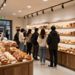 대전 하레하레 매장 내부와 늑구빵 진열 모습, 사람들이 줄을 서서 기다리고 있음