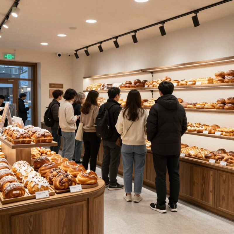 대전 하레하레 매장 내부와 늑구빵 진열 모습, 사람들이 줄을 서서 기다리고 있음