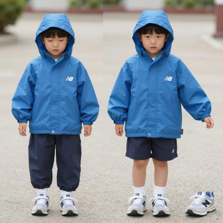 뉴발란스 키즈 라이트 블루 색상 바람막이를 입은 아이의 등원룩 코디 사진