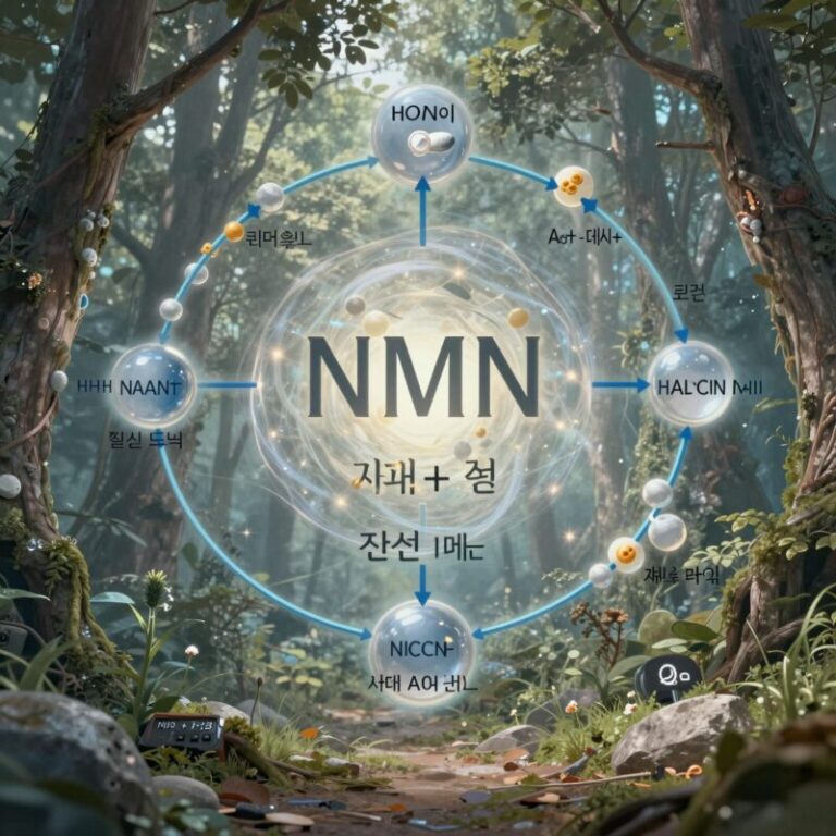 NMN이 체내에서 NAD+로 전환되는 대사 경로를 설명하는 다이어그램