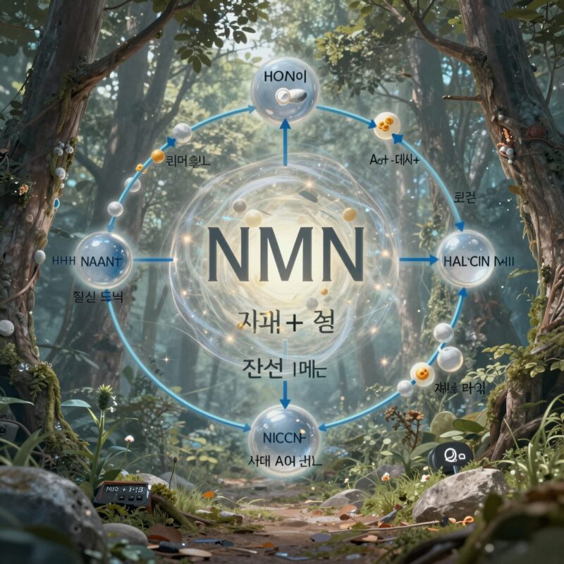 뉴클레오타이드의 모든 것 생명의 기본부터 건강까지 1 NMN이 체내에서 NAD+로 전환되는 대사 경로를 설명하는 다이어그램