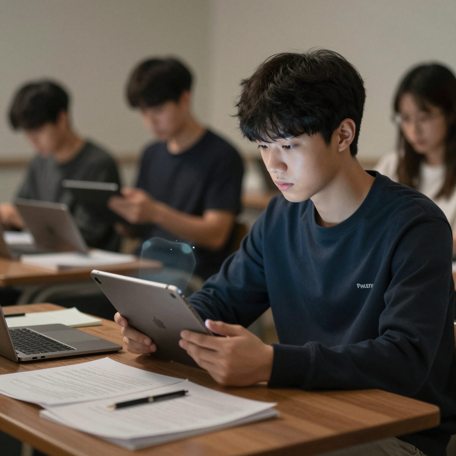 학생이 태블릿으로 온라인 강의를 들으며 공부하는 모습