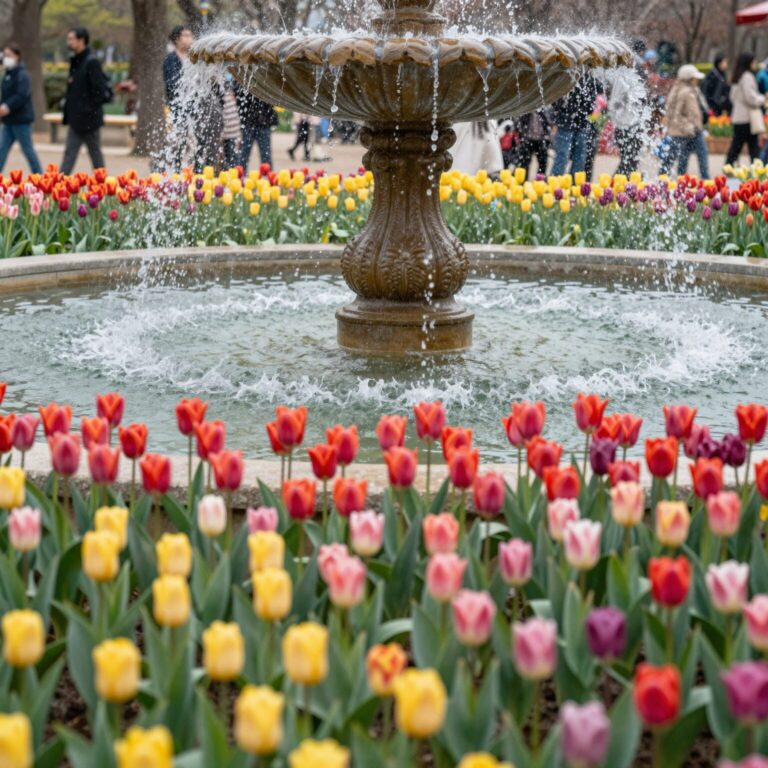 대전 오월드 플라워랜드에 핀 다양한 색상의 튤립 화단과 배경의 분수대