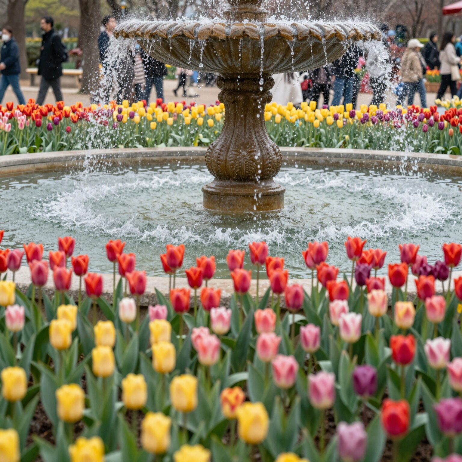 대전 오월드 플라워랜드에 핀 다양한 색상의 튤립 화단과 배경의 분수대