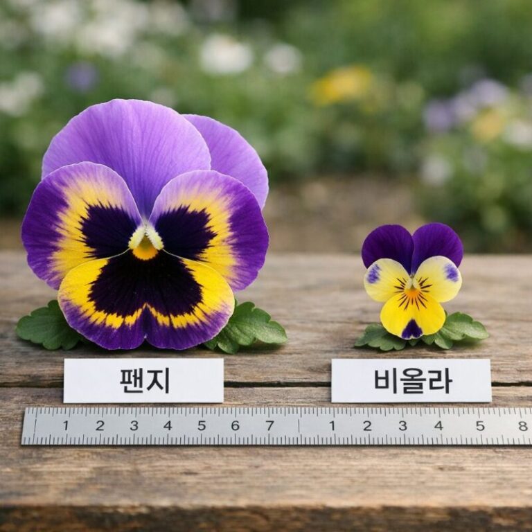 팬지와 비올라 꽃 나란히 비교 사진, 크기와 모양 차이 확인