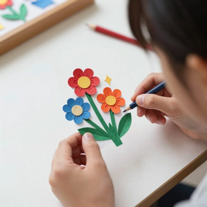 카네이션 브로치 만들기 다양한 방법과 의미 1 아이와 함께 만든 색종이 입체 카네이션 브로치 사진, 분홍색 꽃잎과 초록색 잎사귀가 달려 있음