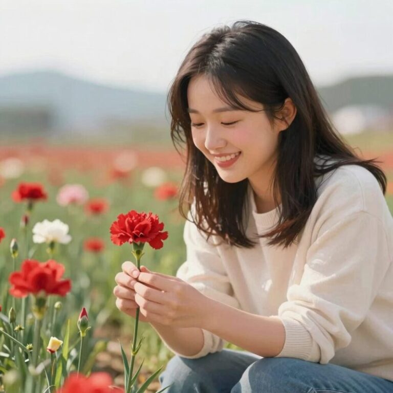 부모님이 카네이션을 들고 미소 짓는 따뜻한 일러스트 이미지