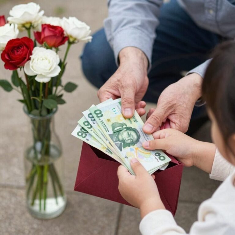 어버이날 카네이션과 용돈 봉투를 든 부모님과 자녀의 손