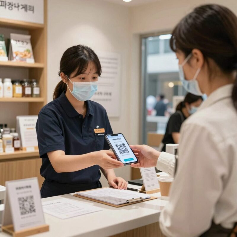 파리바게트 매장에서 네이버페이 앱의 QR 코드를 직원에게 보여주며 결제하는 모습