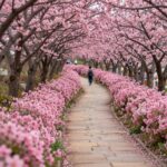 부천 춘덕산 복사꽃 터널길, 양쪽에 핀 분홍색 복사꽃이 아름다운 꽃길을 이루고 있음