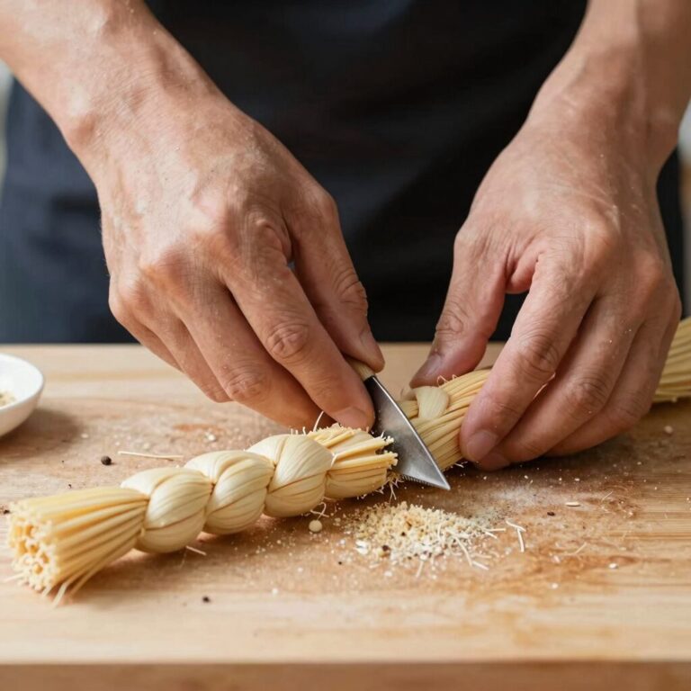 손질된 참두릅과 손질 도구, 두릅의 밑동 칼집 내기