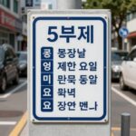 공영주차장 5부제 시행 안내와 예외 차량 확인 공영주차장 입구에 설치된 5부제 안내판과 번호별 제한 요일이 표시된 안내도