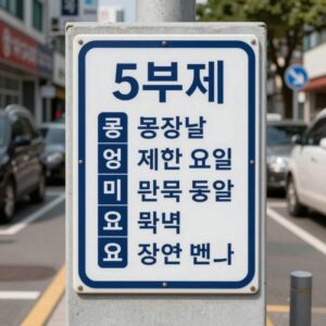 공영주차장 입구에 설치된 5부제 안내판과 번호별 제한 요일이 표시된 안내도