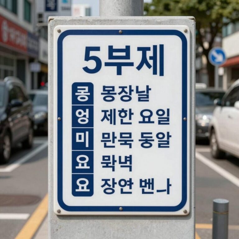 공영주차장 입구에 설치된 5부제 안내판과 번호별 제한 요일이 표시된 안내도