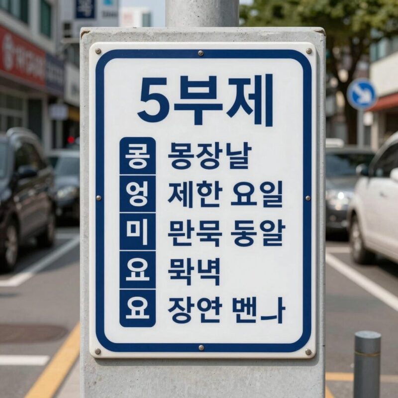 공영주차장 5부제 시행 안내와 예외 차량 확인 1 공영주차장 입구에 설치된 5부제 안내판과 번호별 제한 요일이 표시된 안내도