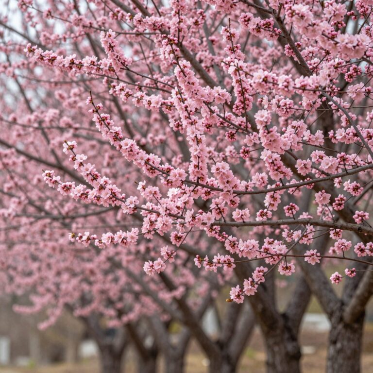 박태기나무 꽃이 줄기에 직접 붙어 핀 모습, 진한 분홍색 꽃봉오리가 빽빽이 달려 있음