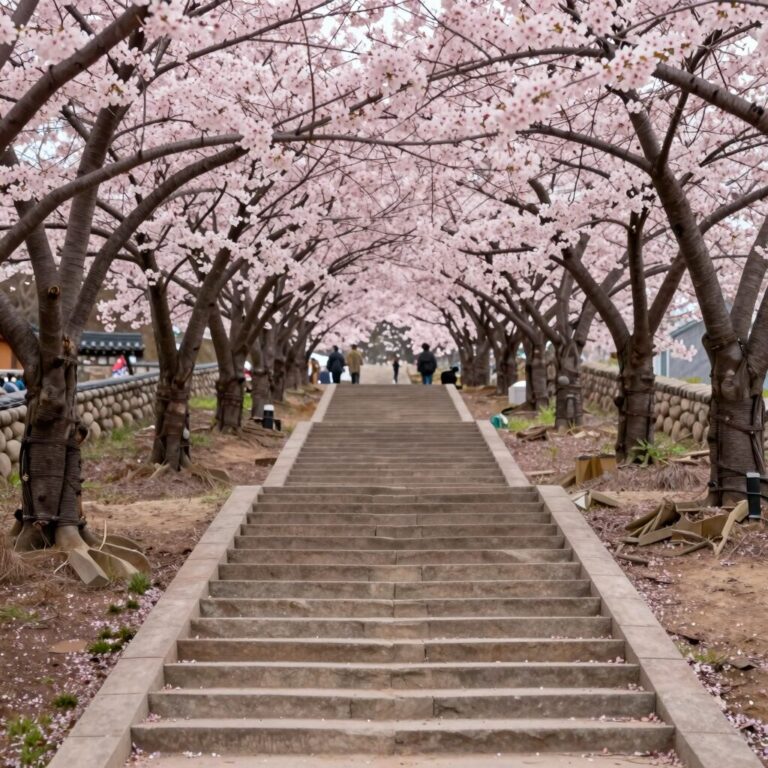 사천 청룡사 돌계단과 분홍색 겹벚꽃 터널 풍경
