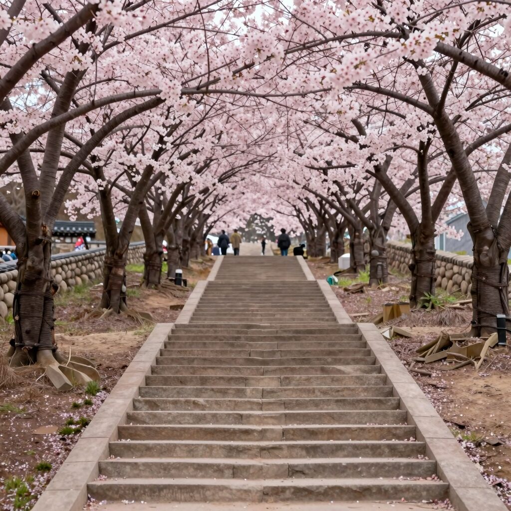 사천 청룡사 돌계단과 분홍색 겹벚꽃 터널 풍경