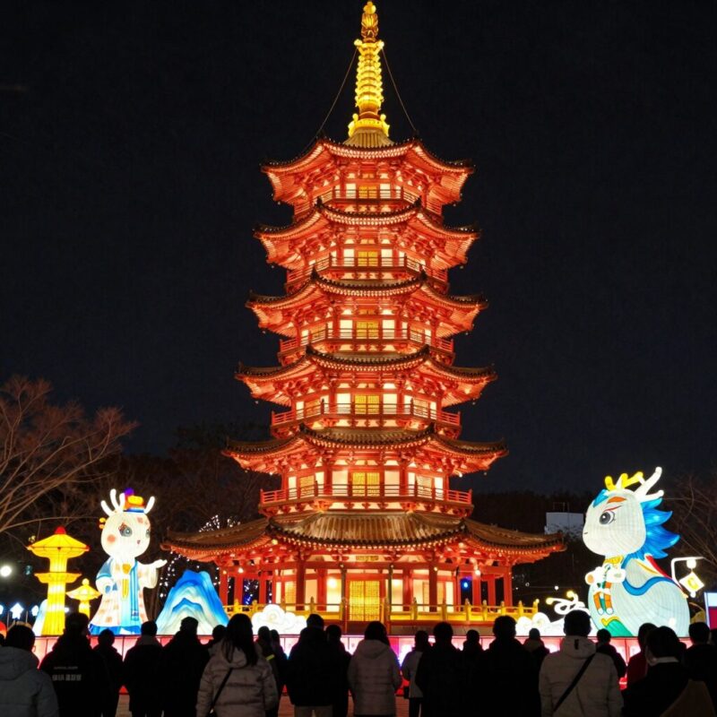 밤에 환하게 켜진 삼광사 연등축제의 연등과 대보탑이 어우러진 야경 사진