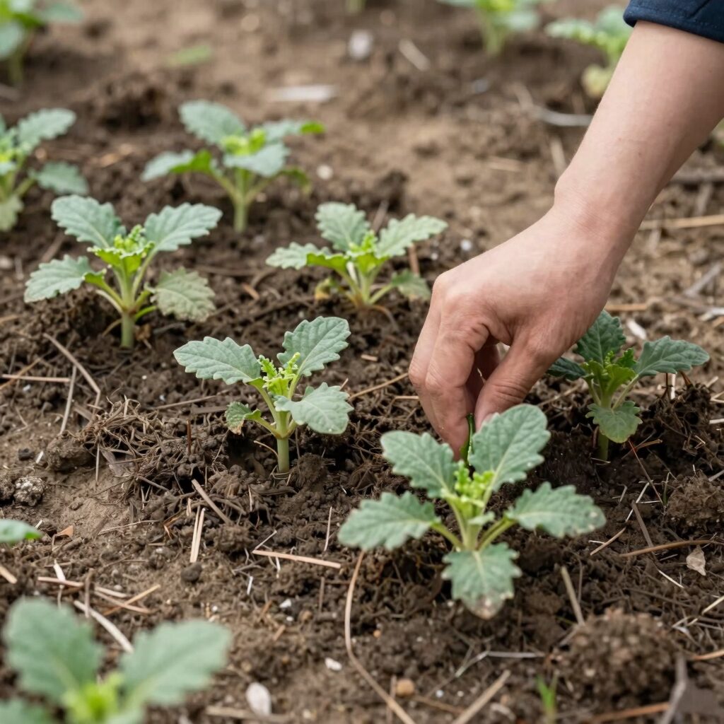 삼잎국화 재배와 활용법 1 삼잎국화 모종을 텃밭 두둑에 적절한 간격을 두고 심는 모습