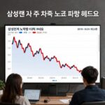 삼성전자 주가 차트와 노조 파업 뉴스 헤드라인이 겹쳐진 이미지, 주가 변동성을 시각화