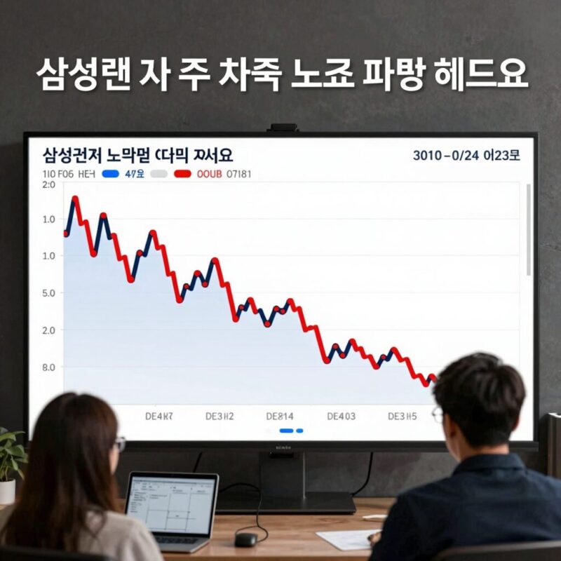 삼성전자 주가 차트와 노조 파업 뉴스 헤드라인이 겹쳐진 이미지, 주가 변동성을 시각화