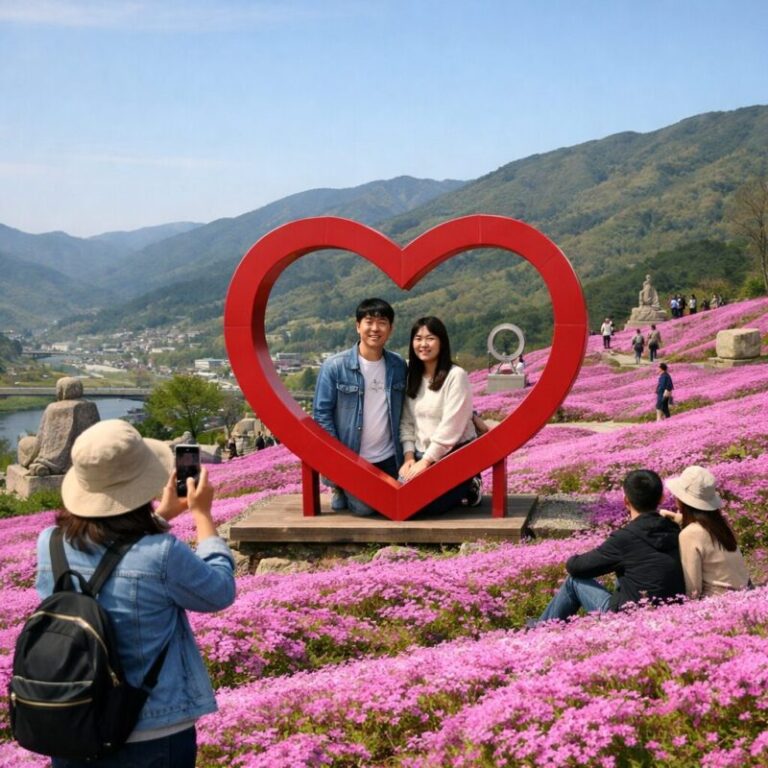 산청 생초국제조각공원 꽃잔디 언덕과 하트 포토존 풍경
